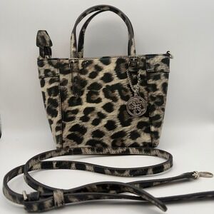 GUESS Leopard Print Mini Satchel Crossbody Bag Animal Print Purse Silver Charm
